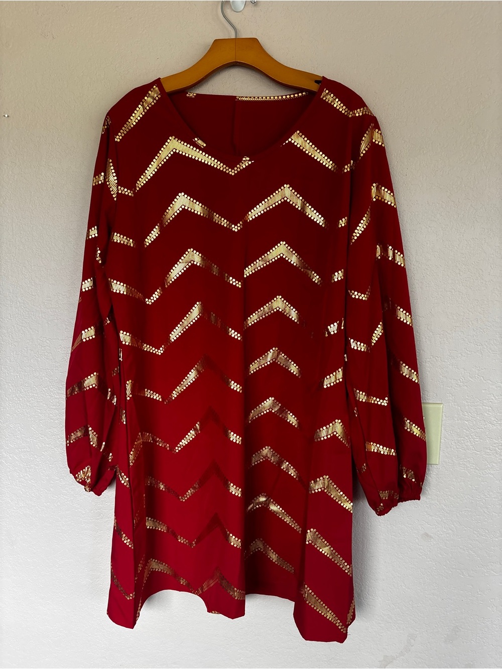 Red Long-Sleeve gold Chevron Tunic Dress